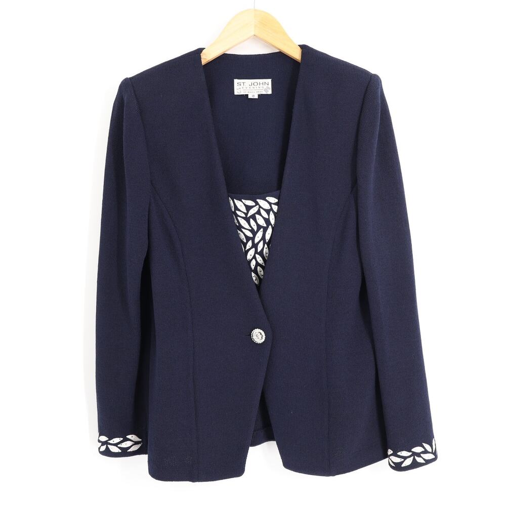 Vtg St. John Evening Blazer Womens 10 Black Blue Rhinestone Santana Knit Jacket